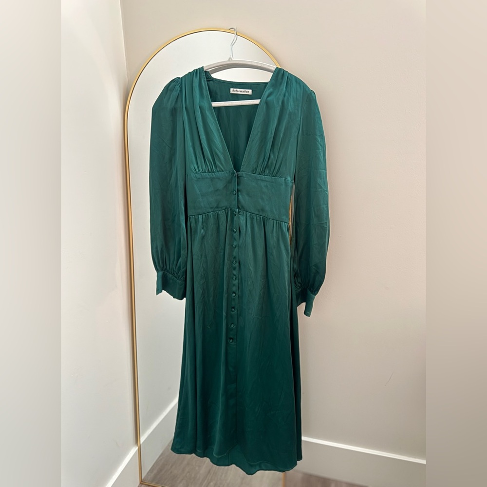 Reformation Green Gown with Plunge Neckline and Bishop Sleeves